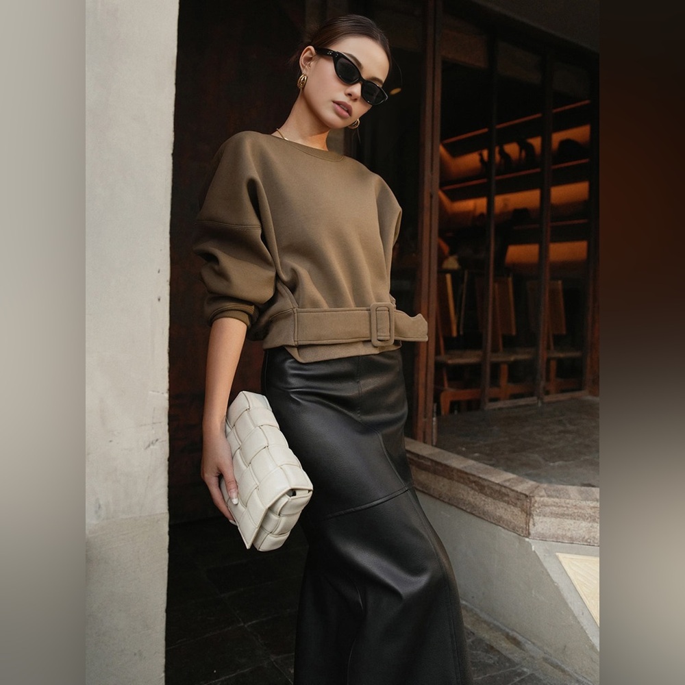 Commense Black Leather Pencil Skirt